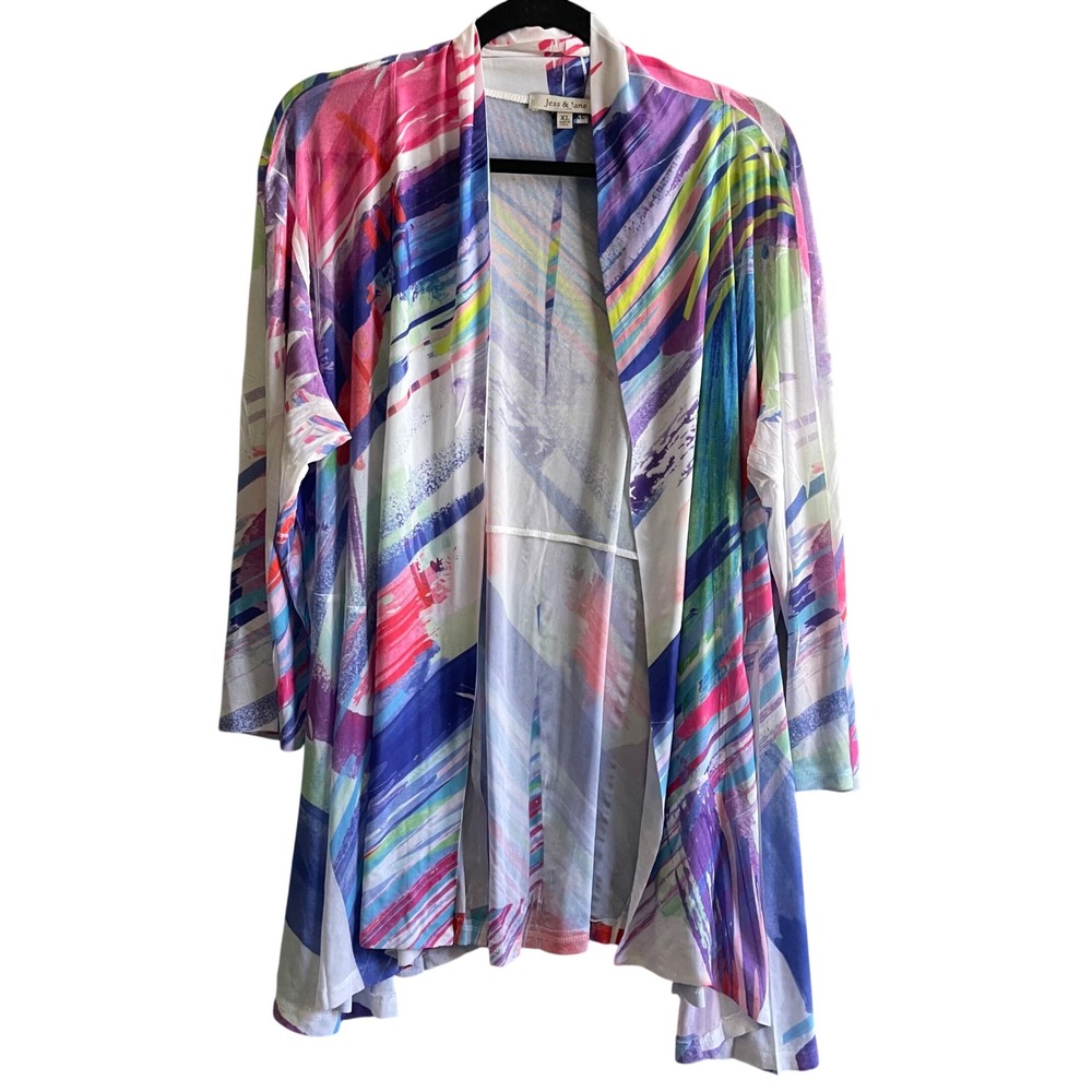 Jess & Jane Cardigan Womens XL Multicolor Abstract Art To Wear Open Front
 Boho
